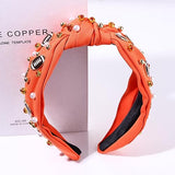 Football Headband Pearl Rhinestone Jeweled Knotted Headband Fun Sports White Hot Pink Black Blue Football Embellished Wide Top Knot Hairband Headpiece Game Day Sports Hair Accessories Gift for