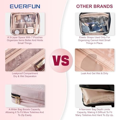 Everfun Hanging Travel Toiletry Bag for Women Traveling With Leakproof Compartment Makeup Cosmetic Organizer Dopp Kit Travel Accessories Essentials Must Have