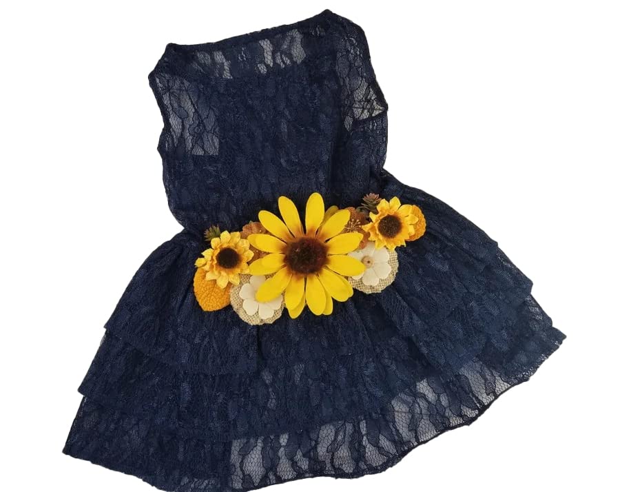 Sunflower Dog Dress, Navy Sunflower Wedding Dog Dress, Dog Flower Girl Dress, The Dorothy, Wedding Dog Dress, Dog Clothes (X-Small (3-6 lbs))
