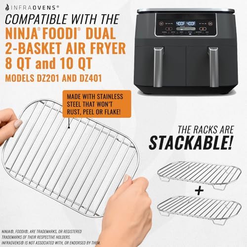 Accessories for Ninja Dual 2 Basket Air Fryer 10 QT DZ401 & 8 QT DZ201, Racks for Foodi Dual Zone, Reusable Liner Sheets for Double Airfryer, 9pcs Kitchen Accessory Set with Recipe Book by INFRAOVENS