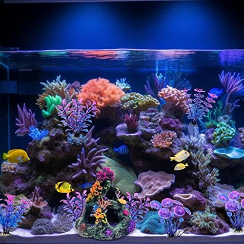 GSD Aquarium Colorful Coral Reef Set Fish Tank Decoration Mountain Ornament for Aquarium Environments Decor Accessories, Coral Mountain x 1, Aquatic Plant x 4