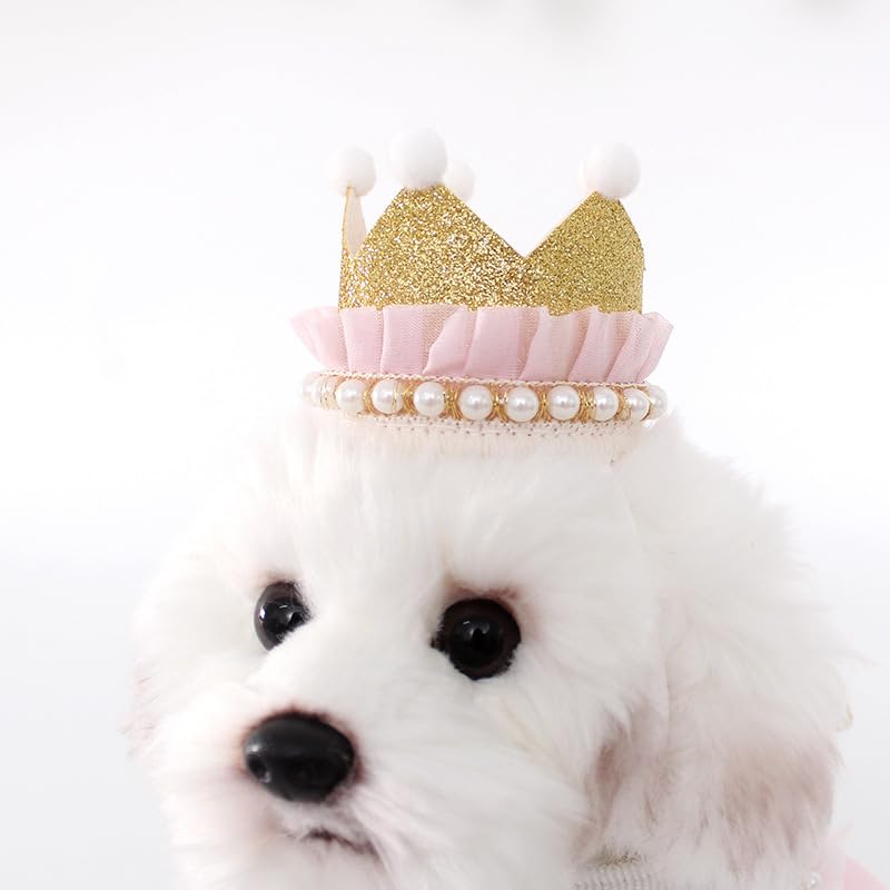 Princess Dog Crown Hat Scarf Set, Dog Birthday Hat Dress Outfit, Wedding Party Supplies for Girl Cats and Small Mini Dogs (GoldPearl)