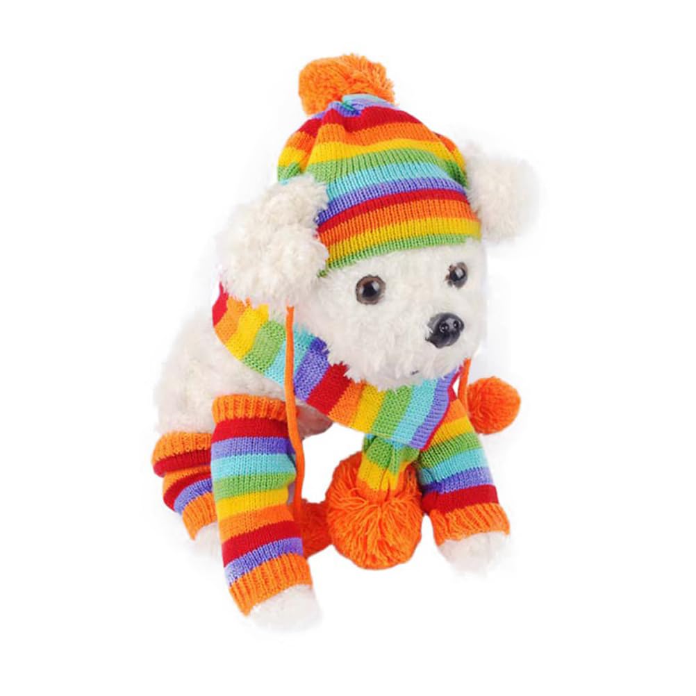 POPETPOP Towel Set Knitted Winter Dog Scarf Hat Set - Winter Warm Caps Neck Warmer Dog Costumes Knitted Scarf Hat Leg Warmers Striped Leggings for Small Dogs Puppy Towel s
