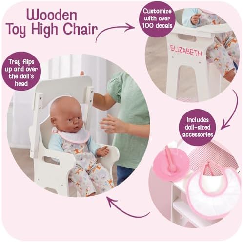 Badger Basket Wooden Doll High Chair with Feeding Tray, Bib, Personalization Kit, and Accessories - Fits 18-Inch Dolls, White with Pink Gingham Seat for Pretend Play