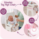 Badger Basket Wooden Doll High Chair with Feeding Tray, Bib, Personalization Kit, and Accessories - Fits 18-Inch Dolls, White with Pink Gingham Seat for Pretend Play