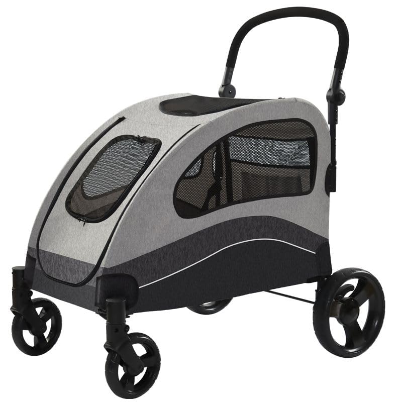 Heavy Duty Dog Stroller for Large Dogs Up to 135 Lbs, Dual Entry Pet Wagon with All Terrain Wheels, One-Foot Brake, Easy Fold, Breathable Mesh, Adjustable & Removable Handle for Senior Pets - Black