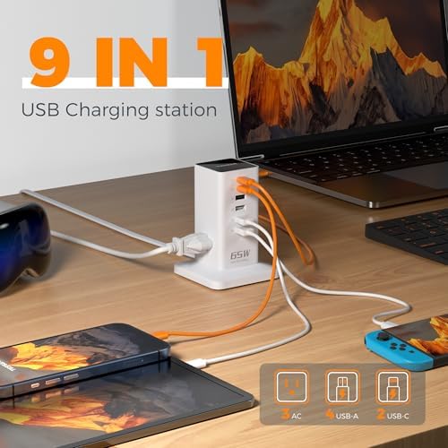 USB Charging Station for Multiple Devices PD 65W, TESSAN 9-in-1 USB C Charger Block for iPhone 16/15, MacBook, Tablet, Type C Desktop Charger with 3 AC, Home Travel Office Accessories, White