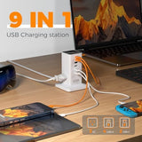 USB Charging Station for Multiple Devices PD 65W, TESSAN 9-in-1 USB C Charger Block for iPhone 16/15, MacBook, Tablet, Type C Desktop Charger with 3 AC, Home Travel Office Accessories, White