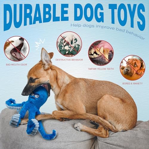 LEGEND SANDY Tough Dog Toys, Stuffed Dog Chew Toys, Large Dog Toys to Keep Them Busy, Interactive Dog Toys, Squeaky Dog Toys, Tug of War Dog Toy, Crinkle Dog Toy (Blue Octopus)