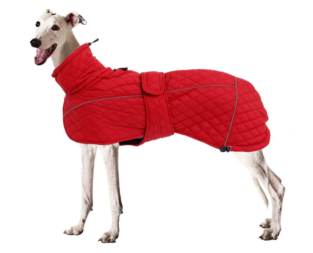 Greyhound Lurcher Winter Coat Whippet Warm Coat with Fleece Water Resistant Dog Jacket with Hook Loop Closure Zipper Harness Hole - Red - XLarge