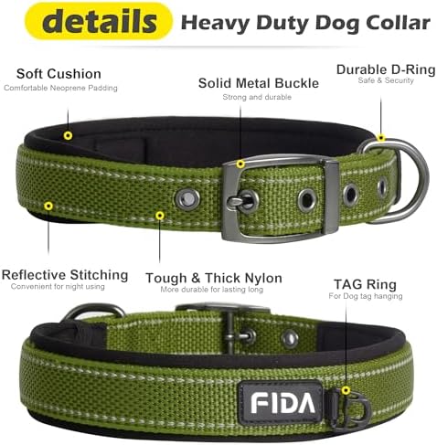 Fida Heavy Duty Dog Collar, Ultra Comfortable Soft Neoprene Padded, Adjustable Reflective Nylon Pet Collar with Durable Metal Belt Buckle for Small Breeds (S, Green)