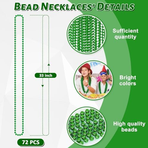 72PCS Green Bead Necklace, Mardi Gras Beads Necklace Accessories Bulk, Mardi Gras Xmas Necklaces Women Men, Parade Throw Accessories for Wedding Birthday Mardi Gras St. Patricks Christmas Decorations