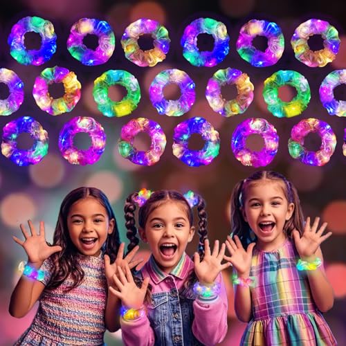 18 Pcs Light Up Mermaid Scrunchies, LED Hair Scrunchy for Girl & Women, Multi Light Modes, Glow in the Dark Accessories for Rave Neon Slumber Party