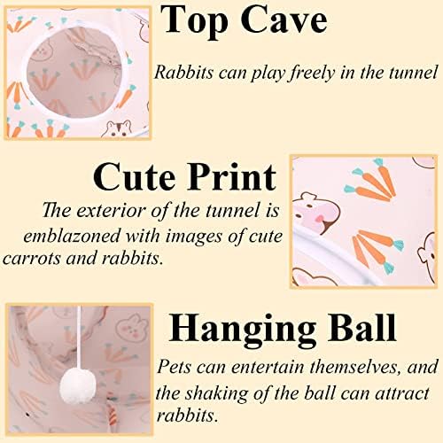 HERCOCCI Rabbit Toys, Bunny Tunnels & Tubes, Collapsible 3 Way Rabbit Hideout Tunnel with Chew Toys for Bunny Guinea Pig Ferret Kitten