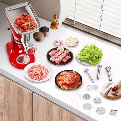 Stainless Steel Food Grinder Attachment for KitchenAid Stand Mixers, Meat Grinder Accessories Including Sausage Stuffer Tubes & Holder, Grinding Plates, Grinding Blades