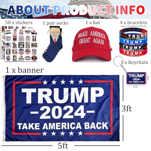 DOSMINE Supporter Kit Trump 2024 Flag 3 * 5ft Trump Take Ameirica Back Flags Banner Trump Stickers Trump Hat Trump Socks Trump Keychain Trump Bracelets