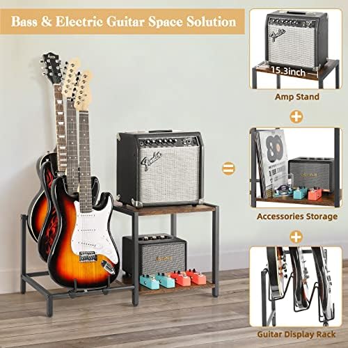 Bikoney Guitar Stand,3 Electric Bass Guitar Stand Floor with Guitar Amp Stand,Guitar Rack for Multiple Guitars and Guitar Accessories, Adjustable Guitar Holder, Guitar Display for Music Studio Home