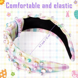 PANTIDE Easter Jeweled Knotted Headband - Colorful Pearl Rhinestone Beads Embellished Headband Non Slip Wide Top Knot Costume Hairband Hair Accessories Spring Birthday Gift for Women Girls (Plaid)