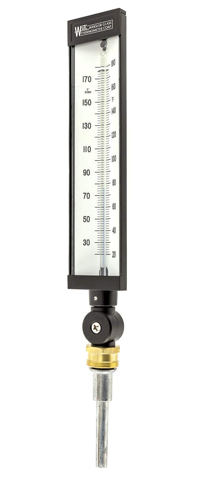 WGTC Thermometer AS5H936 9" Scale, 3-1/2" Stem Length, 20/180°F Temperature Range Blue Spirit Filled Industrial Thermometer with ABS Case, and Adjustable Angle Stem