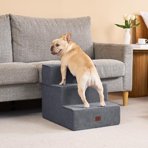 EHEYCIGA Dog Stairs for Small Dogs 16.5”H, 3-Step Extra Wide Dog Steps for Couch Sofa and Chair, Pet Steps for Small Dogs and Cats, Non-Slip Balanced Pet Ramp, Grey