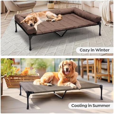Veehoo Cooling Elevated Dog Bed Add Removable Waterproof Bolster Cushion Mat, Raised Pet Cot with Breathable Teslin Mesh, No-Slip Feet, Dog Sofa Bed for Indoor Outdoor, XLarge, Brown CWC2331B