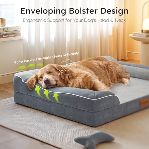 XXL Dog Bed - Extra Large, Orthopedic with Cooling Gel Memory Foam, Waterproof, Washable Cover, 53" Dog Sofa Bed, Dutch Velvet, Bone Toy, Dark Gray
