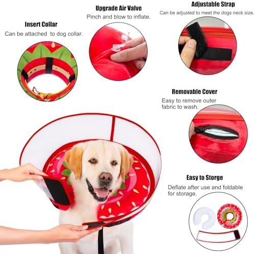 Inflatable Dog Cone Collar for Large Medium Small Dogs, Soft Dog Donut Collar Adjustable Recovery Cone for Pets After Surgery, Extra Enhanced Anti-Licking Guard Shield for Pets (Large, Strawberry)
