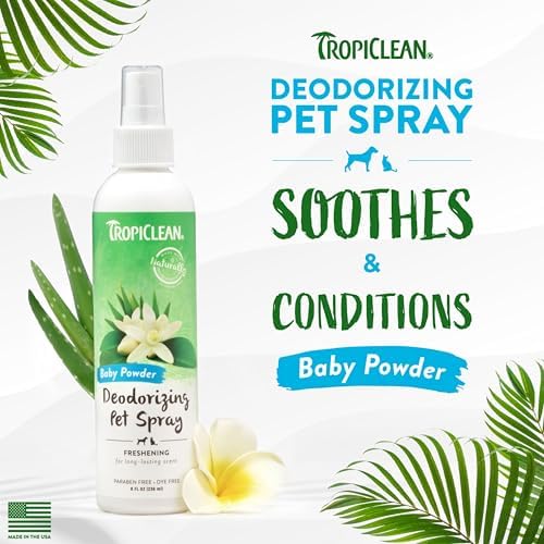 TropiClean Dog Perfume, Long Lasting Baby Powder Cologne, Deodorizing Spray for Smelly Dogs, After Bath Detangling Spray with Vitamin E, Safe for Cats, 8oz.