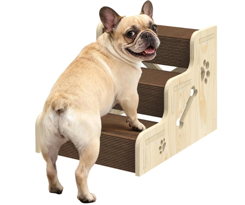 TIMHAKA Dog Stairs for Small Dogs, 3-Step Wooden Dog Ramp for Bed, Couch & Car, Non-Slip Pet Stairs for Small Old Short-Legged Puppy & Cat, Indoor Pet Steps with X-Brace Support