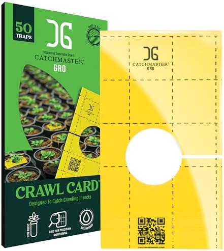 Catchmaster GRO Yellow Sticky Trap 50PK, Adhesive Outdoor Insect Trap with Center Hole Cut for Crawling Insects, Protect Live Plants Indoor, Bug, & Fly Trap, Glue Traps for Home, Garden, & Greenhouse