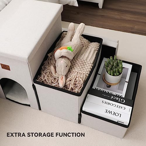 Dog Stairs with Condo 18" H, 3-Step Wider Dog Steps for High Beds Couch, Folding Storage Pet Stairs Gift for Small/Medium/Large Old Dogs Cats, Ramp for Climbing Car Up to 200 lbs, Beige Gray