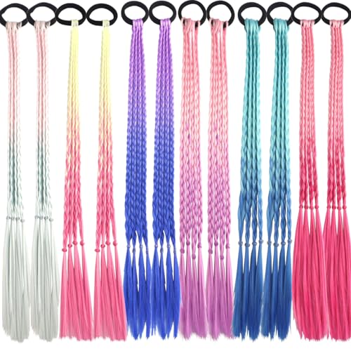 Gradual Change Children Ponytail Hairpieces Extensions,Braided Colored HairHair Accessories for Girls,Rainbow Braided Hairpieces Synthetic Braids Crazy Hair Day Accessories