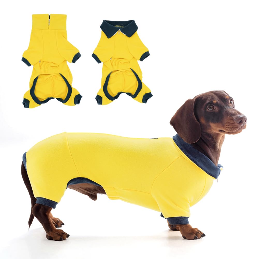 WienieDay Dachshund Dog Turtleneck Sweater, Adjustable Polo Collar with Zipper, Four-Legged Warm Double Fleece, Stretchy Clothes for Mini Dachshunds (Yellow, X-Small)