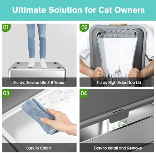 2PACK Stainless Steel Cat Litter Box with High Sides Lid, Extra Large XL Litter Box for Big Cats,Open Top Metal Kitty Litter Boxes with Anti-Leakage Enclosure,Non-Stick,Odorless,Scoop Included