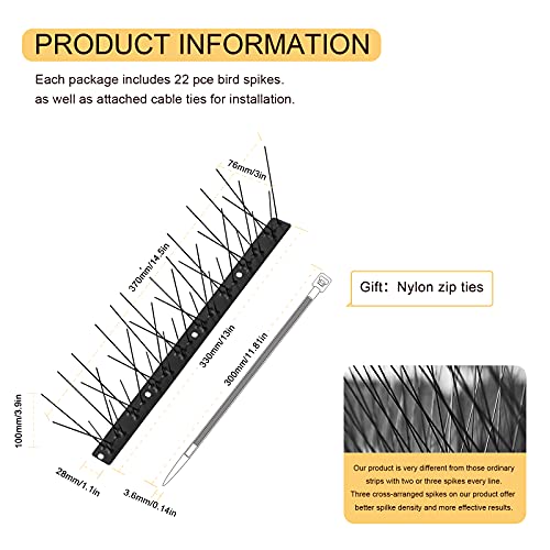 OFFO Black Bird Spikes Pre-Assembled for Pigeons Birds, Cover 24 Feet Durable Bird Deterrent Spikes with Stainless Steel, Bird Repellent Spikes for Fence Roof Mailbox Window Matte Black