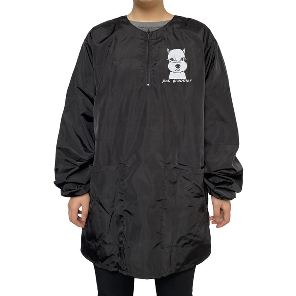 suweisua Dog Grooming Smock for Men Women, Anti-Static Smock for Pet Shop Dog Cat Grooming Bathing, Long Sleeves, Water Resistant and Hair Proof, (Black with Print Schnauzer L)