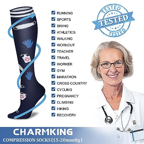 CHARMKING Compression Socks for Women & Men (8 Pairs) 15-20 mmHg Graduated Copper Support Socks are Best for Pregnant, Nurses - Boost Performance, Circulation, Knee High & Wide Calf (L/XL, Multi 53)