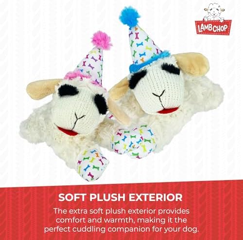 Multipet Lamb Chop Dog Plush Toy w/Birthday Hat - Squeaky Dog Toy for All Dogs - Soft Plush Dog Toy - Stuffed Animal Dog Toy for Playing - Cute Dog Birthday Toy (10.5”, Pink Hat, 5 Squeakers)