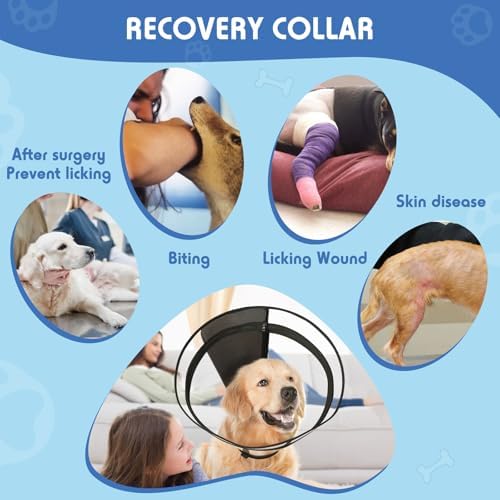 Dog Cone, Transparent Recovery Collar for Large Medium Small Dogs, E Collar After Surgery to Stop Licking, Depth Adjustable Soft Cone Not Block Vision