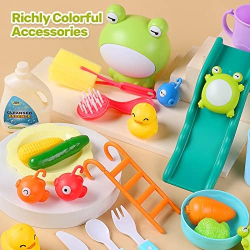 CUTE STONE Play Sink with Running Water, Kitchen Sink Toys with Upgraded Electric Faucet, Play Kitchen Toy Accessories, Pool Floating Fishing Toys for Water Play, Kids Role Play Dishwasher Toy