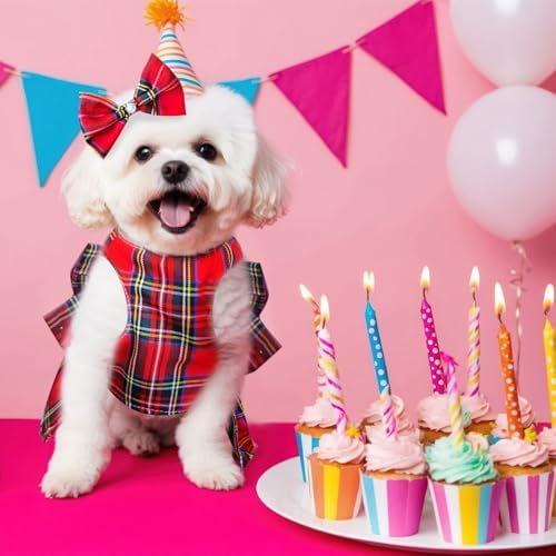 PETCARE Cute Dog Dress Clothes for Small Dogs Cats Girl Female Red Plaid Bow Tie Dog Harness Dresses Leash Set with Pearls Bow Accessories Birthday Puppy Dress Shih Tzu Yorkies Chihuahua Outfits