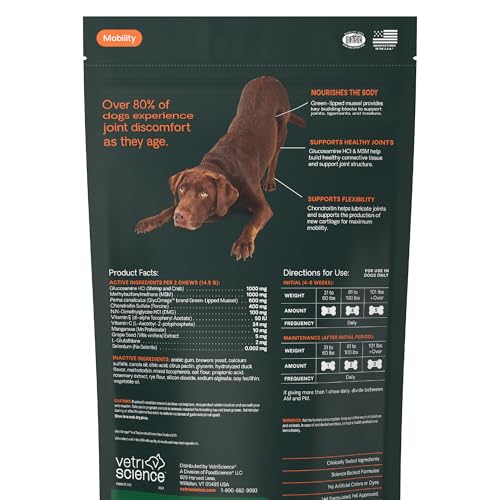 VetriScience Ultimate Strength Healthy Hip & Joint Chews, GlycoFlex Glucosamine, Chondroitin and Green-Lipped Mussel Joint Support Supplement for Dogs, Soothe Joint Discomfort, Duck, 120 Count