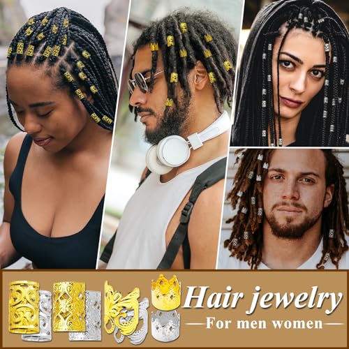 Fscwlmon 260 Pcs Hair Jewelry for Braids,Hair Beads Accessories for Dreadlock,Metal Hair Clips Cuffs Rings,Loc Rave Hair Charm Decorations Adjustable Kits for Men Women Gold and Silver