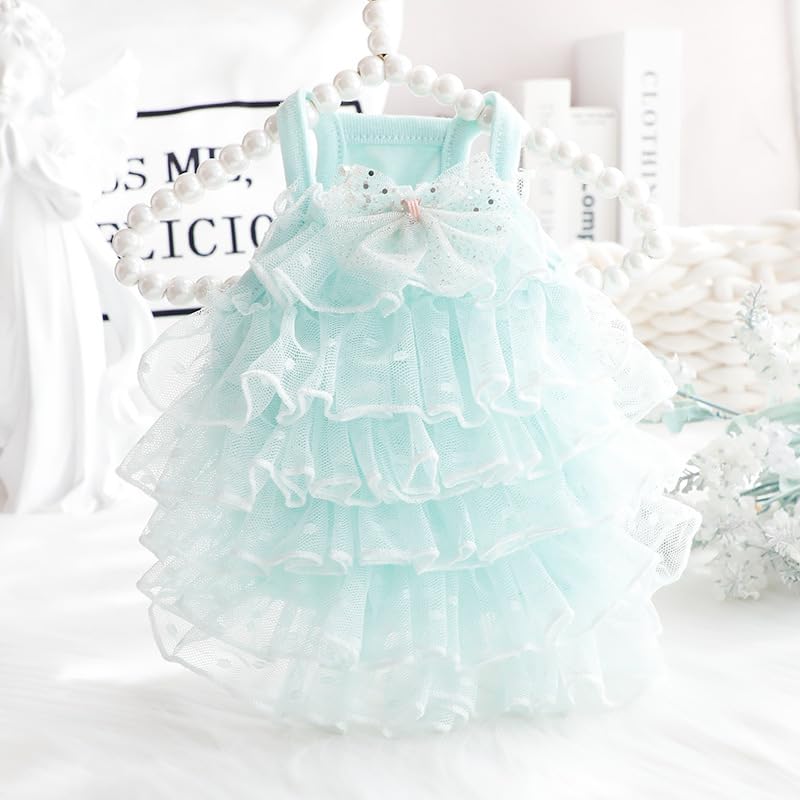 Dog Wedding Dresses for Small Dogs Lolita Clothes Princess Skirt Cat Costume Lace Star Pet Girl Cute Coat Outfits Summer Costumes (L,Blue)