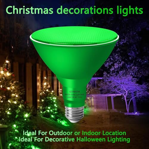 Gonhom 2 Pack PAR38 Green Flood Lights Outdoor,Dimmable Flood Green Light Bulb,20W(Equivalent to 200W),E26 Base Green LED Light,Christmas Light Bulbs,Outdoor Porch,Holiday Lighting,Flood Light Bulb