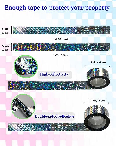 Whtawtaw 2 Rolls 328 FT Bird Scare Type Ribbon, Deterrent Visual Audible Reflective Tape to Keep Away Birds, Holographic Eco-Friendly Double Sided Flash Tape for Outdoor, Garden, Balcony