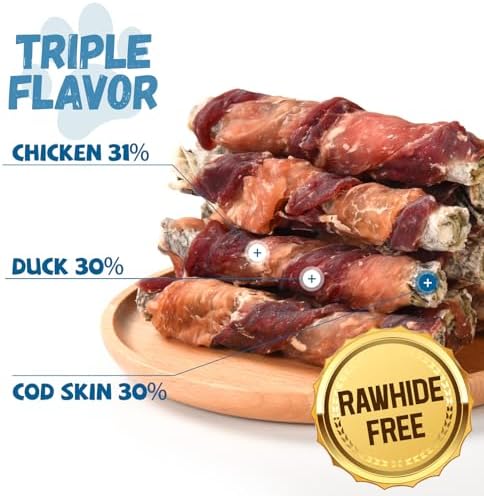 Chicken Duck Wrapped Cod Skin Sticks - Rawhide-Free, Grain-Free Dog Chewy Treats for Healthy Teeth and Coat - Training Treats for Small to Large Dogs - 9-10 Counts