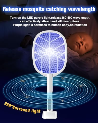 2PACK Electric Fly Swatter,4000V Bug Zapper Racket,2 in 1 Mosquito Zapper Racket with 1200ml Battery Rechargeable Purple Mosquito Killer Lamp with 3 Layers Safety Net Suitable for Indoor and Outdoor