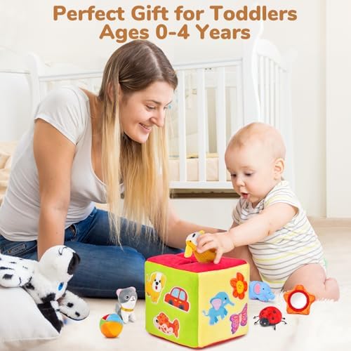 Baby Toys 6-12 Months - Mystery Soft Box with 10 Sensory Objects, Rattle, Crinkle Paper, Mirror - What's Inside Box Infant Gifts, Soft Busy Toys 1-2 - Baby Easter Basket Stuffers Gifts