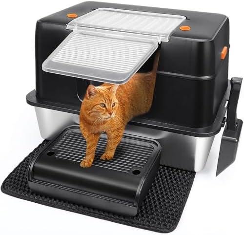 Vivifying Stainless Steel Litter Box, XL Side Entry Extra Large Litter Box with Lid for Big Cats & Kitty, Removable Enclosed Metal Cat Pan with High Sided Enclosure, Scoop, Mat, Footboard (Black)